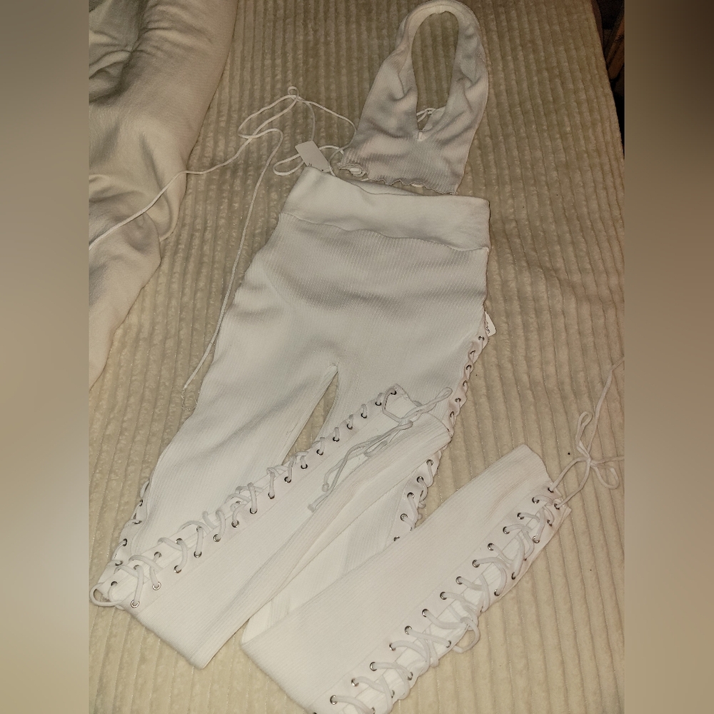 White Lace-Up Ribbed Set S/M - Picture 7 of 8